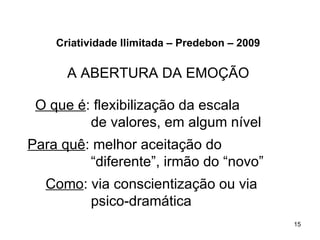 Criatividade Ilimitada – Predebon – 2009

      A ABERTURA DA EMOÇÃO

 O que é: flexibilização da escala
         de valores, em algum nível
Para quê: melhor aceitação do
         “diferente”, irmão do “novo”
  Como: via conscientização ou via
        psico-dramática
                                               15
 