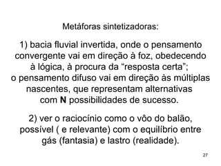 Metáforas sintetizadoras:

  1) bacia fluvial invertida, onde o pensamento
 convergente vai em direção à foz, obedecendo
     à lógica, à procura da “resposta certa”;
o pensamento difuso vai em direção às múltiplas
    nascentes, que representam alternativas
        com N possibilidades de sucesso.
    2) ver o raciocínio como o vôo do balão,
  possível ( e relevante) com o equilíbrio entre
        gás (fantasia) e lastro (realidade).
                                                   27
 