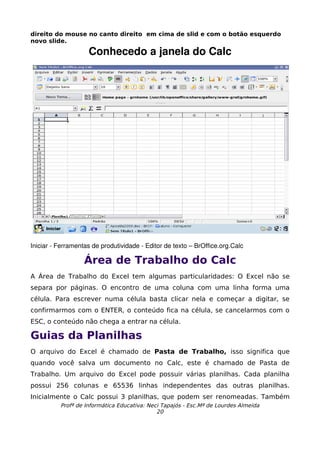 direito do mouse no canto direito em cima de slid e com o botão esquerdo
novo slide.

                    Conhecedo a janela do Calc




Iniciar ­ Ferramentas de produtividade ­ Editor de texto – BrOffice.org.Calc

                   Área de Trabalho do Calc
A Área de Trabalho do Excel tem algumas particularidades: O Excel não se
separa por páginas. O encontro de uma coluna com uma linha forma uma
célula. Para escrever numa célula basta clicar nela e começar a digitar, se
confirmarmos com o ENTER, o conteúdo fica na célula, se cancelarmos com o
ESC, o conteúdo não chega a entrar na célula.

Guias da Planilhas
O arquivo do Excel é chamado de Pasta de Trabalho, isso significa que
quando você salva um documento no Calc, este é chamado de Pasta de
Trabalho. Um arquivo do Excel pode possuir várias planilhas. Cada planilha
possui 256 colunas e 65536 linhas independentes das outras planilhas.
Inicialmente o Calc possui 3 planilhas, que podem ser renomeadas. Também
          Profª de Informática Educativa: Neci Tapajós - Esc.Mª de Lourdes Almeida
                                             20
 