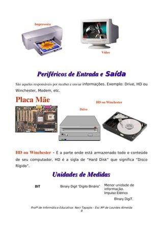 Impressora




                                                               Vídeo




               Periféricos de Entrada e Saída
São aqueles responsáveis por receber e enviar informações. Exemplo: Drive, HD ou
Winchester, Modem, etc.

Placa Mãe                                                HD ou Winchester

                                             Drive




HD ou Winchester - É a parte onde está armazenado todo o conteúdo
de seu computador. HD é a sigla de “Hard Disk” que significa “Disco
Rígido”.

                          Unidades de Medidas
             BIT               Binary Digit “Dígito Binário”    Menor unidade de
                                                                informação.
                                                                Impulso Elétrico
                                                                       BInary DigiT.

           Profª de Informática Educativa: Neci Tapajós - Esc.Mª de Lourdes Almeida
                                               9
 