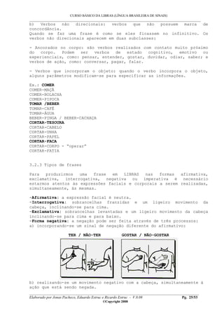 CURSO BÁSICO DA LIBRAS (LÍNGUA BRASILEIRA DE SINAIS)
___________________________________________________________________________________________
__________________________________________________________________________________________
Elaborado por Jonas Pacheco, Eduardo Estruc e Ricardo Estruc - V.8.08 Pg. 25/53
©Copyright 2008
b) Verbos não direcionais: verbos que não possuem marca de
concordância.
Quando se faz uma frase é como se eles ficassem no infinitivo. Os
verbos não direcionais aparecem em duas subclasses:
- Ancorados no corpo: são verbos realizados com contato muito próximo
do corpo. Podem ser verbos de estado cognitivo, emotivo ou
experienciais, como: pensar, entender, gostar, duvidar, odiar, saber; e
verbos de ação, como: conversar, pagar, falar.
- Verbos que incorporam o objeto: quando o verbo incorpora o objeto,
alguns parâmetros modificam-se para especificar as informações.
Ex.: COMER
COMER-MAÇÃ
COMER-BOLACHA
COMER-PIPOCA
TOMAR /BEBER
TOMAR-CAFÉ
TOMAR-ÁGUA
BEBER-PINGA / BEBER-CACHAÇA
CORTAR-TESOURA
CORTAR-CABELO
CORTAR-UNHA
CORTAR-PAPEL
CORTAR-FACA
CORTAR-CORPO - “operar”
CORTAR-FATIA
3.2.3 Tipos de frases
Para produzirmos uma frase em LIBRAS nas formas afirmativa,
exclamativa, interrogativa, negativa ou imperativa é necessário
estarmos atentos às expressões faciais e corporais a serem realizadas,
simultaneamente, às mesmas.
-Afirmativa: a expressão facial é neutra.
-Interrogativa: sobrancelhas franzidas e um ligeiro movimento da
cabeça, inclinando-se para cima.
-Exclamativa: sobrancelhas levantadas e um ligeiro movimento da cabeça
inclinando-se para cima e para baixo.
-Forma negativa: a negação pode ser feita através de três processos:
a) incorporando-se um sinal de negação diferente do afirmativo:
TER / NÃO-TER GOSTAR / NÃO-GOSTAR
b) realizando-se um movimento negativo com a cabeça, simultaneamente à
ação que está sendo negada.
 