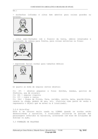 CURSO BÁSICO DA LIBRAS (LÍNGUA BRASILEIRA DE SINAIS)
___________________________________________________________________________________________
__________________________________________________________________________________________
Elaborado por Jonas Pacheco, Eduardo Estruc e Ricardo Estruc - V.8.08 Pg. 29/53
©Copyright 2008
Ex.:
- bochechas infladas e olhos bem abertos para coisas grandes ou
grossas.
- olhos semi-fechados com o franzir da testa, ombros levantados e
inclinação da cabeça para frente, para coisas estreitas ou finas:
- expressão facial normal para tamanhos médios:
b) Quanto ao modo de segurar certos objetos:
Cl: [F] - objetos pequenos e finos (botões, moedas, palitos de
fósforos, asa de xícara);
Cl: [H] - segurar cigarro;
Cl: [C] - copos e vasos;
Cl: [As] - buque de flores, faca, carimbo, sacola, mala, guarda-chuva,
caneca ou chopp, pedaço de pau, etc. (funciona como parte do verbo e
representa o objeto que se moveu ou é localizado).
3.2.6 Role-Play
Este é um recurso muito usado na LIBRAS quando os surdos estão
desenvolvendo a narrativa. O sinalizador coloca-se na posição dos
personagens referidos na narrativa, alternando com eles em situações de
diálogo ou ação.
3.3 FORMAÇÃO DE PALAVRAS
 