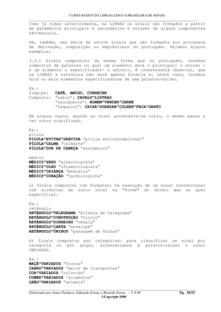 CURSO BÁSICO DA LIBRAS (LÍNGUA BRASILEIRA DE SINAIS)
___________________________________________________________________________________________
__________________________________________________________________________________________
Elaborado por Jonas Pacheco, Eduardo Estruc e Ricardo Estruc - V.8.08 Pg. 30/53
©Copyright 2008
Como já vimos anteriormente, na LIBRAS os sinais são formados a partir
de parâmetros principais e secundários e através de alguns componentes
não-manuais.
Há, também, uma série de outros sinais que são formados por processos
de derivação, composição ou empréstimos do português. Vejamos alguns
exemplos:
3.3.1 Sinais compostos: da mesma forma que no português, teremos
compostos de palavras no qual um elemento será o principal- o núcleo -
e um elemento o especificador- o adjunto. É interessante observar, que
na LIBRAS a estrutura não será apenas binária e, neste caso, teremos
dois ou mais elementos especificadores de uma palavra-núcleo.
Ex.:
Simples: CAFÉ, AMIGO, CONHECER
Composto: “zebra”: CAVALO^LISTRAS
“açougueiro”: HOMEM^VENDER^CARNE
“faqueiro”: CAIXA^GUARDAR^COLHER^FACA^GARFO
Em alguns casos, quando ao sinal acrescenta-se outro, o mesmo passa a
ter outro significado.
Ex.:
pílula
PILULA^EVITAR^GRÁVIDA “pílula anticoncepcional”
PÍLULA^CALMA “calmante”
PÍLULA^DOR DE CABEÇA “analgésico”
médico
MÉDIC@^SEXO “ginecologista’
MÉDIC@^OLHO “oftamotologista”
MÉDIC@^CRIANÇA “pediatra”
MÉDIC@^CORAÇÃO “cardiologista”
a) Sinais compostos com formatos: há execução de um sinal convencional
com acréscimo de outro sinal na "forma" do objeto que se quer
especificar.
Ex.:
retângulo
RETÂNGULO^TELEGRAMA “bilhete de telegrama”
RETÂNGULO^CONSTRUÇÃO “tijolo”
RETÂNGULO^DINHEIRO “cédula”
RETÂNGULO^CARTA “envelope”
RETÂNGULO^ÔNIBUS “passagem de ônibus”
b) Sinais compostos por categorias: para classificar um sinal por
categoria ou por grupo, acrescentamos à palavra-núcleo o sinal
VARIADOS.
Ex.:
MAÇÃ^VARIADOS “frutas”
CARRO^VARIADOS “meios de transportes”
COR^VARIADOS “colorido”
COMER^VARIADOS ‘alimentos”
LEÃO^VARIADOS “animais”
 