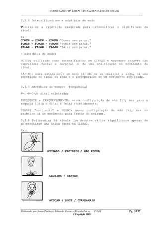 CURSO BÁSICO DA LIBRAS (LÍNGUA BRASILEIRA DE SINAIS)
___________________________________________________________________________________________
__________________________________________________________________________________________
Elaborado por Jonas Pacheco, Eduardo Estruc e Ricardo Estruc - V.8.08 Pg. 32/53
©Copyright 2008
3.3.6 Intensificadores e advérbios de modo
Utiliza-se a repetição exagerada para intensificar o significado do
sinal.
Ex.:
COMER – COMER - COMER “Comer sem parar.”
FUMAR – FUMAR - FUMAR “Fumar sem parar.”
FALAR – FALAR - FALAR “Falar sem parar.”
- Advérbios de modo:
MUITO: utilizado como intensificador em LIBRAS e expresso através das
expressões facial e corporal ou de uma modificação no movimento do
sinal.
RÁPIDO: para estabelecer um modo rápido de se realizar a ação, há uma
repetição do sinal da ação e a incorporação de um movimento acelerado.
3.3.7 Advérbios de tempo: (freqüência)
N-U-N-C-A: sinal soletrado;
FREQÜENTE e FREQÜENTEMENTE: mesma configuração de mão [L], mas para a
segunda idéia o sinal é feito repetidamente.
SEMPRE “continuar” e MESMO: mesma configuração de mão [V], mas no
primeiro há um movimento para frente do emissor.
3.3.8 Polissemia: há sinais que denotam vários significados apesar de
apresentarem uma única forma na LIBRAS.
Ex.:
OCUPADO / PROIBIDO / NÃO PODER
CADEIRA / SENTAR
AÇÚCAR / DOCE / GUARDANAPO
 