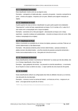 CURSO BÁSICO DA LIBRAS (LÍNGUA BRASILEIRA DE SINAIS)
___________________________________________________________________________________________
__________________________________________________________________________________________
Elaborado por Jonas Pacheco, Eduardo Estruc e Ricardo Estruc - V.8.08 Pg. 36/53
©Copyright 2008
CLCLCLCL –––– I Classificador InstrumI Classificador InstrumI Classificador InstrumI Classificador Instrumenta lenta lenta lenta l
Esse classificador mostra como se usa alguma coisa.
Exemplos: - carregando um balde pela alça; - puxando uma gaveta; - tocando a campainha da
porta; - virando uma página; - limpando com um pano. (Mostra como alguém manipula um
objeto)
CLCLCLCL –––– C ClaC ClaC ClaC Classificador do Corpossificador do Corpossificador do Corpossificador do Corpo
A parte superior do corpo se torna o classificador na qual a parte superior (do sinalizador)
"desempenha" o verbo da frase, especialmente os braços. CL-C é similar a CL-I, salvo CL-C
não mostra nem a manipulação nem o toque de objetos.
Exemplos: - acenando com a mão para alguém - atravessando os braços com o beiço
espichado; - coçando a cabeça com perplexidade; - movendo os braços como em correr. (Não
mostra a manipulação de um objeto)
CLCLCLCL –––– P Classificador do PluralP Classificador do PluralP Classificador do PluralP Classificador do Plural
Indica o movimento ou a posição de um número de objetos, pessoas ou animais. Pode ser um
número determinado ou não-determinado.
Exemplos: - três pessoas andando juntas (número determinado); - pessoas sentadas na
platéia (número não-determinado); - uma fila comprida de pessoas avançando lentamente; -
muitos carros estacionados na rua; - dois gatos em cima de um muro.
CLCLCLCL –––– E Classificador de ElementoE Classificador de ElementoE Classificador de ElementoE Classificador de Elemento
Esses classificadores retratam movimentos de "elementos" ou coisas que não são sólidas, isto
é, ar, fumaça, água/líquido, chuva, fogo, luz.
Exemplos: - água gotejando da torneira; - luz piscando no sinal de advertência; - o movimento
de um líquido no corpo ou dentro do corpo; - o vapor subindo de uma xícara de chá quente.
CLCLCLCL –––– N. CLN. CLN. CLN. CL----NOMENOMENOMENOME
Esses classificadores utilizam as configurações das mãos do alfabeto manual ou os números,
mas são parte de uma descrição.
Exemplos: - números e nome na camisa de futebol; - um título de um livro; - insígnia em um
boné; - uma sigla escrita na porta de um banco.
FONTE: http://orbita.starmedia.com/vozesdosilencio/textos/tabela_cl.htm
 