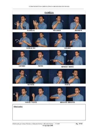 CURSO BÁSICO DA LIBRAS (LÍNGUA BRASILEIRA DE SINAIS)
___________________________________________________________________________________________
__________________________________________________________________________________________
Elaborado por Jonas Pacheco, Eduardo Estruc e Ricardo Estruc - V.8.08 Pg. 37/53
©Copyright 2008
FFAAMMÍÍLLIIAA
FFAAMMÍÍLLIIAA MMUULLHHEERR HHOOMMEEMM
GGEERRAAÇÇÃÃOO SSOOGGRROO
GGEENNRROO NNEETTOO
IIRRMMÃÃOO // IIRRMMÃÃ
MMAAMMÃÃEE PPAAPPAAII
VVOOVVÔÔ // VVOOVVÓÓ BBIISSAAVVÔÔ // BBIISSAAVVÓÓ
OU
Observações:
 
