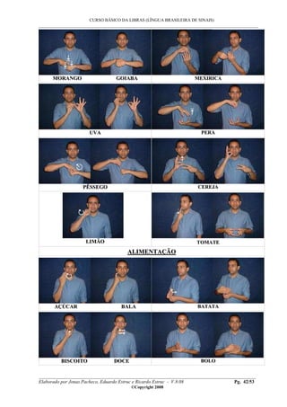 CURSO BÁSICO DA LIBRAS (LÍNGUA BRASILEIRA DE SINAIS)
___________________________________________________________________________________________
__________________________________________________________________________________________
Elaborado por Jonas Pacheco, Eduardo Estruc e Ricardo Estruc - V.8.08 Pg. 42/53
©Copyright 2008
MMOORRAANNGGOO GGOOIIAABBAA MMEEXXIIRRIICCAA
UUVVAA PPEERRAA
PPÊÊSSSSEEGGOO CCEERREEJJAA
LLIIMMÃÃOO TTOOMMAATTEE
AALLIIMMEENNTTAAÇÇÃÃOO
AAÇÇÚÚCCAARR BBAALLAA BBAATTAATTAA
BBIISSCCOOIITTOO DDOOCCEE BBOOLLOO
 