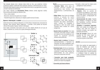São através desses nós e dessas retas entre os nós, que podemos moldar             Texto:                                     Converte o texto que foi criado como
     quaisquer objetos conferindo-lhes aspectos artísticos, tridimensionais ou reais.   - Formatar Texto: Uma caixa de              parágrafo em texto artístico.
     Dominar todas essas funções acima e saber aplicá-las é o que garante ao usuário      diálogo oferece opções os
     um bom manejo do Corel Draw.                                                         parâmetros das fontes, dos               Ferramentas:
     Um menu adjunto da Ferramenta Forma oferece ainda algumas outras                     espaçamentos e alinhamentos do           - Opções: Abre os ajustes de
     ferramentas para edição de vetores e nós:                                            texto.                                     comandos do programa. Uma caixa
     - Faca: corta o objeto                                                                                                          de diálogo oferece alternativas para
     - Borracha: desmancha parte de um objeto                                           - Editar Texto: Uma Caixa de diálogo         teclas de atalho, configurações de
     - Transformação livre: rotaciona um objeto a partir do local clicado.                oferece a edição do texto                  menus e outros.
                                                                                          selecionada. Entre os outro              - Gerenciamento de cores: Opções
     Aparar, interseção e soldar:                                                         parâmetros você pode ajustar o             para interagir e configurar as cores
                                                                                          tamanho das letras, alinhamento,           dos hardwares: scanner, câmaras
     Outra forma de se produzir desenhos no Corel Draw é através dos comandos de          estilo, corretor de ortografia e           digitais, monitores e outros.
     formato. Para acessar: Menu Organizar > formato. Uma janela de encaixe               gramática e além de poder ainda
     oferece três opções: Aparar, Soldar e interseção.                                                                             - Símbolos e caracteres especiais:
                                                                                          importar texto criados em outros           Abre uma janela de encaixe que
     Com estes comandos você pode criar um novo objeto através de um que já               programas.                                 oferece uma lista de cliparts e
     exista. Cortando-os, unindo-os ou pela interseção entre eles.
                                                                                                                                     símbolos simples, que podem ser
                                                                                        - Ajustar texto ao caminho: Com este         extraídos das fontes.
                                                                                          comando você pode colocar o texto
                                                       Soldar a                                                                    - Livro de recortes: Busca em uma
                                                                                          em volta de uma circunferência, um
                                                                                          objeto ou qualquer caminho                 unidade de CD, disco rígido ou
                                                                                          anteriormente definido.                    Internet cliparts e figuras para
                                                                                                                                     importá-los para o Corel Draw.
                                                                                        - Ajustar texto à moldura: Configura
                                                                                          automaticamente o tamanho do             Janela:
                                                                                          caractere dos texto parágrafos para
                                                       Aparar a                           ajustá-los ao tamanho de sua caixa.      - Além das opções de organização a
                                                                                                                                     área de trabalho que todos os
                                                                                        - Endireitar texto: Alinha os caracteres     programas oferecem no menu
                                                                                          das palavras na base de linha. Esse        janela, encontram-se ainda no Corel
                                                                                          comando é usado para reverter às           Draw opções para o usuário localizar
                                                                                          deformidades de uma palavra,               e configurar todas as paletas de
                                                                                          deixando-a toda reta (normal).             cores, janelas de encaixe e as barras
                                                   Interseção com
                                                                                                                                     de ferramentas.
                                                                                        - Converter para texto parágrafo:
                                                                                          Converte o texto que foi criado como
                                                                                          artístico em texto de parágrafo.

                                                                                        - Converter para texto artístico:


16                                                                                                                                                                           13
 