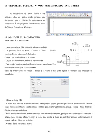 8.0 FERRAMENTAS DE PRODUTIVIDADE – PROCESSADOR DE TEXTO WRITER


       O Processador de textos Writer é um
software editor de textos, sendo portanto uma
ferramenta para a criação de documentos no
computador. É um programa semelhante ao Word
do Sistema Operacional Windows.




8.1 PARA FAZER CRUZADINHA COM O
PROCESSADOR DE TEXTO


- Nesse tutorial será feito conforme a imagem ao lado:
- A primeira coisa se fazer é somar as linhas e colunas
imaginando que seja uma tabela inteira.
- Neste caso tem 9 colunas e 10 linhas
- Clique no menu tabela, depois na opção inserir.
- Aparecerá a janela a seguir, coloque o número de colunas (9) e
o número de linhas (10) e clique em OK
Obs.: Se preferir pode-se colocar 1 linhas e 1 coluna a mais para digitar os números que aparecem na
cruzadinha.




- Clique no botão OK
- A tabela será inserida no mesmo tamanho da largura da página, por isso para alterar o tamanho das colunas,
pare o mouse na linha que separa colunas e linhas, quando aparecer uma seta, clique e segure o botão do mouse
clicado, araste para diminuir.
- Neste processo as colunas podem ter ficado com tamanhos diferentes, para que elas fiquem iguais, selecione a
tabela, clique no meu tabela, vá sobre a opção auto ajustar e clique em distribuir colunas uniformemente. O
mesmo pode ser feito com as linhas
- A tabela ficará conforme a baixo:


                                                         10
 