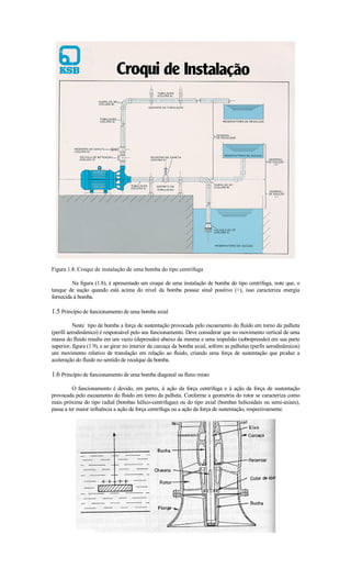 Figura 1.8: Croqui de instalação de uma bomba do tipo centrífuga

         Na figura (1.8), é apresentado um croqui de uma instalação de bomba do tipo centrífuga, note que, o
tanque de sução quando está acima do nível da bomba possue sinal positivo (+), isso caracteriza energia
fornecida à bomba.

1.5 Princípio de funcionamento de uma bomba axial
          Neste tipo de bomba a força de sustentação provocada pelo escoamento do fluido em torno da palheta
(perfil aerodinâmico) é responsável pelo seu funcionamento. Deve considerar que no movimento vertical de uma
massa do fluido resulta em um vazio (depressão) abaixo da mesma e uma impulsão (sobrepressão) em sua parte
superior, figura (1.9), e ao girar no interior da carcaça da bomba axial, sofrem as palhetas (perfis aerodinâmicos)
um movimento relativo de translação em relação ao fluido, criando uma força de sustentação que produz a
aceleração do fluido no sentido de recalque da bomba.

1.6 Princípio de funcionamento de uma bomba diagonal ou fluxo misto
          O funcionamento é devido, em partes, à ação da força centrífuga e à ação da força de sustentação
provocada pelo escoamento do fluido em torno da palheta. Conforme a geometria do rotor se caracteriza como
mais próxima do tipo radial (bombas hélico-centrifugas) ou do tipo axial (bombas helicoidais ou semi-axiais),
passa a ter maior influência a ação da força centrífuga ou a ação da força de sustentação, respectivamente.
 