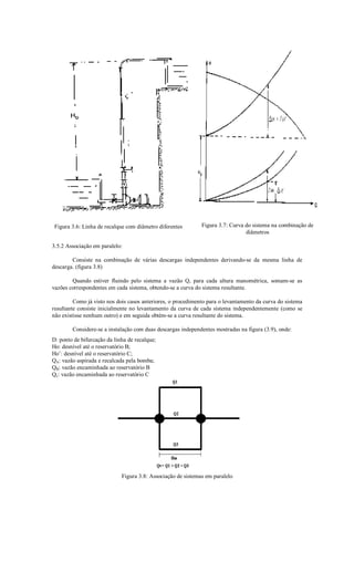 Figura 3.6: Linha de recalque com diâmetro diferentes        Figura 3.7: Curva do sistema na combinação de
                                                                                diâmetros

3.5.2 Associação em paralelo:

        Consiste na combinação de várias descargas independentes derivando-se da mesma linha de
descarga. (figura 3.8)

        Quando estiver fluindo pelo sistema a vazão Q, para cada altura manométrica, somam-se as
vazões correspondentes em cada sistema, obtendo-se a curva do sistema resultante.

         Como já visto nos dois casos anteriores, o procedimento para o levantamento da curva do sistema
resultante consiste inicialmente no levantamento da curva de cada sistema independentemente (como se
não existisse nenhum outro) e em seguida obtém-se a curva resultante do sistema.

        Considere-se a instalação com duas descargas independentes mostradas na figura (3.9), onde:
D: ponto de bifurcação da linha de recalque;
Ho: desnível até o reservatório B;
Ho’: desnível até o reservatório C;
QA: vazão aspirada e recalcada pela bomba;
QB: vazão encaminhada ao reservatório B
Qc: vazão encaminhada ao reservatório C




                             Figura 3.8: Associação de sistemas em paralelo
 