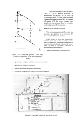 Tal cuidado decorre do fato de, sendo a
                                                          curva (N, Q) da potência necessária ao
                                                          acionamento descendente, de se exigir do
                                                          motor uma potência (N) bem maior que aquela
                                                          para a qual foi dimensionada (Np), provocando
                                                          sobrecarga. (Tal fato ocorre quando, para
                                                          atendimento da demanda, fecha-se o registro
                                                          em instalações com bombas axiais).

                                                          4.6 Bancada de ensaios de bombas

                                                              Uma bancada de ensaios de bombas é uma
                                                          instalação que permite o levantamento das
                                                          curvas características das mesmas.

                                                               Podem divergir em termos dos equipamentos e
                                                          acessórios usados para se fazer as medições, dada a
                                                          grande variedade destes. Basicamente, é constituída por
                                                          um circuito hidráulico fechado onde, além da bomba a
                                                          testar e da fonte de acionamento, comparecem os
                                                          seguintes aparelhos e equipamentos:

                                                          -    Aparelho para regulagem e medição da vazão;


Figura 4.16: A potência N (próxima à vazão nula)
  é maior que a potência Np de projeto (bombas
                     axiais)

-   Aparelhos para medição da potência necessária ao acionamento;

-   Aparelhos para medição do rendimento;

-   Aparelho para medição da rotação de acionamento;

-   Equipamento para fazer variar a rotação de acionamento da bomba.




                        Figura 4.16: Esquema de uma bancada de ensaios de bombas
 