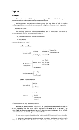 Capítulo 1
Bombas
         Bombas são máquinas hidráulicas que transferem energia ao fluído no estado líquido, e que tem a
finalidade de transportá-lo de um ponto a outro através do seu escoamento.

          Recebem energia de uma fonte motora qualquer e cedem parte desta energia ao fluído sob forma de
pressão, energia cinética ou ambas, isto é, aumentam a pressão do líquido, a velocidade ou ambas as grandezas.

1.1 Classificação das bombas
         Não existe uma terminologia homogênea sobre bombas, pois, há vários critérios para designá-las,
entretanto, poderemos classificá-las em duas grandes categorias:

          a) Bombas Volumétricas ou de Deslocamento Positivo;

          b) Turbobombas
Tabela 1.3: Classificação de bombas

               Bombas centrífugas

                                                                            passo fixo
                                          1 estágio         rotor aberto
                      de fluxo axial                                        passo variável
                                          multiestágio      rotor fechado


                                                            rotor aberto
                                          sucção única rotor fechado
                      de fluxo radial
                                                            rotor fechado
                      (centrífugas)
                                            dupla sucção


                                             1 estágio
                      de fluxo periférico
                                             multiestágio


               Bombas de deslocamento

                                          pistão
                      alternativas
                                          diafragma



                                            pistão

                       rotativas            lóbulo
                                            engrenagem
                                            parafuso

1.2 Bombas volumétricas ou de deslocamento positivo

        Este tipo de bomba tem por característica de funcionamento a transferência direta da
energia mecânica cedida pela fonte motora, em energia potencial(energia de pressão). Esta
transferência é obtida pela movimentação de um órgão mecânico da bomba que obriga o fluído
a executar o mesmo movimento que ele está executando.

         O fluído desloca o mesmo volume que realiza o órgão mecânico da bomba, em movimentos alternados.

         A variação de órgãos mecânicos (êmbolos, diafragma, engrenagens, parafusos, etc) é responsável pela
variação na classificação das bombas volumétricas ou de deslocamento positivo, as quais podem ser dividas em:
 
