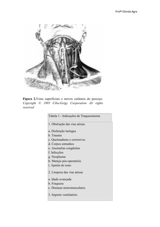 Profª Glenda Agra




Figura 2.Veias superficiais e nervos cutâneos do pescoço.
Copyright © 1995 Ciba-Geigy Corporation Ali rights
reserved

                  Tabela 1 - Indicações de Traqueostomia

                  1. Obstrução das vias aéreas

                  a. Disfunção laríngea
                  b. Trauma
                  c. Queimaduras e corrosivos
                  d. Corpos estranhos
                  e. Anomalias congênitas
                  f. Infecções
                  g. Neoplasias
                  h. Manejo pós-operatório
                  i. Apnéia do sono

                  2. Limpeza das vias aéreas

                  a. Idade avançada
                  b. Fraqueza
                  c. Doenças neuromusculares

                  3. Suporte ventilatório
 