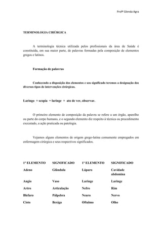 Profª Glenda Agra




TERMINOLOGIA CIRÚRGICA



        A terminologia técnica utilizada pelos profissionais da área de Saúde é
constituída, em sua maior parte, de palavras formadas pela composição de elementos
gregos e latinos.



        Formação de palavras



       Conhecendo a disposição dos elementos e seu significado teremos a designação dos
diversos tipos de intervenções cirúrgicas.



Laringo + scopia = laringe + ato de ver, observar.



       O primeiro elemento de composição da palavra se refere a um órgão, aparelho
ou parte do corpo humano, e o segundo elemento diz respeito à técnica ou procedimento
executado, a ação praticada ou patologia.



      Vejamos alguns elementos de origem grego-latina comumente empregados em
enfermagem cirúrgica e seus respectivos significados.




1º ELEMENTO          SIGNIFICADO            1º ELEMENTO           SIGNIFICADO

Adeno                Glândula               Láparo                Cavidade
                                                                  abdomina

Angio                Vaso                   Laringe               Laringe

Artro                Articulação            Nefro                 Rim

Blefaro              Pálpebra               Neuro                 Nervo

Cisto                Bexiga                 Oftalmo               Olho
 