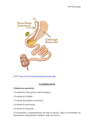 Profª Glenda Agra




FONTE: http://www.w7.com.pt/as/images/stories/sleeve.jpg



                                 GASTROPLASTIA

Cuidados pré-operatórios

1.Avaliação do clínico geral ou endocrinologista.

2.Avaliação do cirurgião.

3.Avaliação do psiquiatra ou psicólogo.

4.Avaliação do nutricionista.

5.Avaliação do anestesista.

6.Consentimento e comprometimento por parte do paciente. (Risco de mortalidade nos
transoperatório, pós-operatório imediato e tardio até 3meses)
 