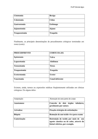 Profª Glenda Agra



Cistotomia                               Bexiga

Colostomia                               Cólon

Gastrostomia                             Estômago

Jejunostomia                             Jejuno

Traqueostomia                            Traquéia



Finalmente, as principais denominações de procedimentos cirúrgicos terminadas em
tomia (corte):



PROCEDIMENTO                             CORTE DA (O)

Episiotomia                              Vulva

Laparotomia                              Abdômen

Toracotomia                              Tórax

Traqueotomia                             Traquéia

Ureterotomia                             Ureter

Vasectomia                               Canal deferente



Existem, ainda, termos ou expressões médicas freqüentemente utilizadas em clínicas
cirúrgicas. Eis alguns deles:



Amputação                                 Remoção de uma parte do corpo

Anastomose                               Conexão de dois órgãos tubulares,
                                         geralmente por sutura

Artrodese                                Fixação cirúrgica de articulações

Biópsia                                  Remoção de um tecido vivo para exame

Cauterização                             Destruição de tecido por meio de um
                                         agente cáustico ou de calor, através do
                                         bisturi elétrico, por exemplo.
 