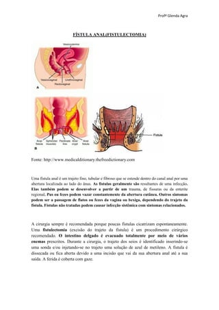 Profª Glenda Agra



                         FÍSTULA ANAL(FISTULECTOMIA)




Fonte: http://www.medicalditionary.thefreedictionary.com



Uma fístula anal é um trajeto fino, tubular e fibroso que se estende dentro do canal anal por uma
abertura localizada ao lado do ânus. As fístulas geralmente são resultantes de uma infecção.
Elas também podem se desenvolver a partir de um trauma, de fissuras ou da enterite
regional. Pus ou fezes podem vazar constantemente da abertura cutânea. Outros sintomas
podem ser a passagem de flatos ou fezes da vagina ou bexiga, dependendo do trajeto da
fístula. Fístulas não tratadas podem causar infecção sistêmica com sintomas relacionados.



A cirurgia sempre é recomendada porque poucas fístulas cicatrizam espontaneamente.
Uma fistulectomia (excisão do trajeto da fístula) é um procedimento cirúrgico
recomendado. O intestino delgado é evacuado totalmente por meio de vários
enemas prescritos. Durante a cirurgia, o trajeto dos seios é identificado inserindo-se
uma sonda e/ou injetando-se no trajeto uma solução de azul de metileno. A fístula é
dissecada ou fica aberta devido a uma incisão que vai da sua abertura anal até a sua
saída. A ferida é coberta com gaze.
 