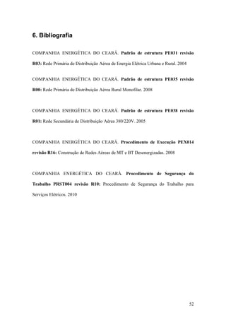 6. Bibliografia

COMPANHIA ENERGÉTICA DO CEARÁ. Padrão de estrutura PE031 revisão

R03: Rede Primária de Distribuição Aérea de Energia Elétrica Urbana e Rural. 2004


COMPANHIA ENERGÉTICA DO CEARÁ. Padrão de estrutura PE035 revisão

R00: Rede Primária de Distribuição Aérea Rural Monofilar. 2008



COMPANHIA ENERGÉTICA DO CEARÁ. Padrão de estrutura PE038 revisão

R01: Rede Secundária de Distribuição Aérea 380/220V. 2005



COMPANHIA ENERGÉTICA DO CEARÁ. Procedimento de Execução PEX014

revisão R16: Construção de Redes Aéreas de MT e BT Desenergizadas. 2008



COMPANHIA ENERGÉTICA DO CEARÁ. Procedimento de Segurança do

Trabalho PRST004 revisão R10: Procedimento de Segurança do Trabalho para

Serviços Elétricos. 2010




                                                                                    52
 