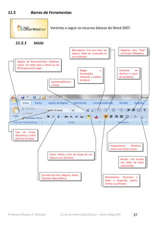 11.5

Barras da Ferramentas

Veremos a seguir os recursos básicos do Word 2007.

11.5.1

Início
Marcadores: Cria uma lista, em
tópicos. Pode ser numerado ou
com símbolos.

Opções de Recortar/Colar: Podemos
Copiar um texto para o Word ou do
Word para outro lugar.

Aumenta/Diminui
a fonte.

Apaga
a
formatação,
deixando a padrão
do Word.

Organiza uma “lista”
em Ordem Alfabética.

Aumenta
ou
diminui o recuo
do parágrafo.

Tipo de Fonte:
Alteramos o estilo
da fonte do texto.
Espaçamento:
Distancia
entre uma linha e outra.
Cores: Altera a Cor de fundo de um
texto e a cor da fonte.

Formato da letra: Negrito, Itálico,
Tachado, Maius/Minus.

Professor Mateus C. Peinado

Bordas: Cria bordas
aos redor do texto
selecionado.

Alinhamento: Posiciona o
texto a esquerda, centro,
direita e justificado.

Curso de Informática Básica – Porto Alegre/RS

37

 