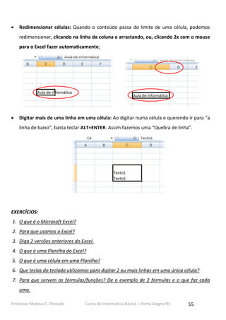 Professor Mateus C. Peinado Curso de Informática Básica – Porto Alegre/RS 55
 Redimensionar células: Quando o conteúdo passa do limite de uma célula, podemos
redimensionar, clicando na linha da coluna e arrastando, ou, clicando 2x com o mouse
para o Excel fazer automaticamente;
 Digitar mais de uma linha em uma célula: Ao digitar numa célula e querendo ir para “a
linha de baixo”, basta teclar ALT+ENTER. Assim fazemos uma “Quebra de linha”.
EXERCÍCIOS:
1. O que é o Microsoft Excel?
2. Para que usamos o Excel?
3. Diga 2 versões anteriores do Excel.
4. O que é uma Planilha do Excel?
5. O que é uma célula em uma Planilha?
6. Que teclas do teclado utilizamos para digitar 2 ou mais linhas em uma única célula?
7. Para que servem as fórmulas/funções? De o exemplo de 2 fórmulas e o que faz cada
uma.
 