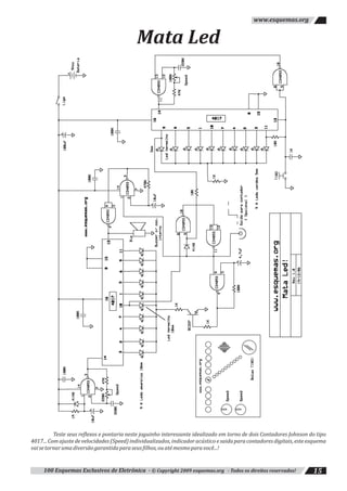 100 Esquemas Exclusivos de Eletrônica - © Copyright 2009 esquemas.org - Todos os direitos reservados! 15
www.esquemas.org
Mata Led
Teste seus reflexos e pontaria neste joguinho interessante idealizado em torno de dois Contadores Johnson do tipo
4017... Com ajuste de velocidades (Speed) individualizados, indicador acústico e saida para contadores digitais, este esquema
vaisetornarumadiversãogarantidaparaseusfilhos,ouatémesmoparavocê...!
 