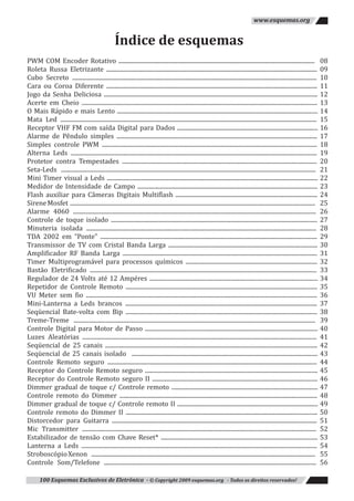 100 Esquemas Exclusivos de Eletrônica - © Copyright 2009 esquemas.org - Todos os direitos reservados!
www.esquemas.org
Índice de esquemas
PWM COM Encoder Rotativo ...................................................................................................................................... 08
Roleta Russa Eletrizante ................................................................................................................................................ 09
Cubo Secreto ....................................................................................................................................................................... 10
Cara ou Coroa Diferente ................................................................................................................................................ 11
Jogo da Senha Deliciosa .................................................................................................................................................. 12
Acerte em Cheio ................................................................................................................................................................. 13
O Mais Rápido e mais Lento ......................................................................................................................................... 14
Mata Led ............................................................................................................................................................................... 15
Receptor VHF FM com saída Digital para Dados ................................................................................................ 16
Alarme de Pêndulo simples ......................................................................................................................................... 17
Simples controle PWM ................................................................................................................................................... 18
Alterna Leds ........................................................................................................................................................................ 19
Protetor contra Tempestades ..................................................................................................................................... 20
Seta-Leds .............................................................................................................................................................................. 21
Mini Timer visual a Leds ................................................................................................................................................ 22
Medidor de Intensidade de Campo ........................................................................................................................... 23
Flash auxiliar para Câmeras Digitais Multiflash ................................................................................................. 24
SireneMosfet ..................................................................................................................................................................... 25
Alarme 4060 ...................................................................................................................................................................... 26
Controle de toque isolado ............................................................................................................................................. 27
Minuteria isolada ............................................................................................................................................................. 28
TDA 2002 em “Ponte” .................................................................................................................................................... 29
Transmissor de TV com Cristal Banda Larga ...................................................................................................... 30
Amplificador RF Banda Larga ..................................................................................................................................... 31
Timer Multiprogramável para processos químicos .......................................................................................... 32
Bastão Eletrificado ........................................................................................................................................................... 33
Regulador de 24 Volts até 12 Ampéres ................................................................................................................... 34
Repetidor de Controle Remoto ................................................................................................................................... 35
VU Meter sem fio .............................................................................................................................................................. 36
Mini-Lanterna a Leds brancos ................................................................................................................................... 37
Seqüencial Bate-volta com Bip ................................................................................................................................... 38
Treme-Treme ..................................................................................................................................................................... 39
Controle Digital para Motor de Passo ...................................................................................................................... 40
Luzes Aleatórias ................................................................................................................................................................ 41
Seqüencial de 25 canais ................................................................................................................................................. 42
Seqüencial de 25 canais isolado ............................................................................................................................... 43
Controle Remoto seguro ............................................................................................................................................... 44
Receptor do Controle Remoto seguro ...................................................................................................................... 45
Receptor do Controle Remoto seguro II ................................................................................................................. 46
Dimmer gradual de toque c/ Controle remoto .................................................................................................... 47
Controle remoto do Dimmer ....................................................................................................................................... 48
Dimmer gradual de toque c/ Controle remoto II ................................................................................................ 49
Controle remoto do Dimmer II ................................................................................................................................... 50
Distorcedor para Guitarra ............................................................................................................................................ 51
Mic Transmitter ................................................................................................................................................................ 52
Estabilizador de tensão com Chave Reset* ........................................................................................................... 53
Lanterna a Leds ................................................................................................................................................................. 54
StroboscópioXenon ........................................................................................................................................................ 55
Controle Som/Telefone ................................................................................................................................................. 56
 