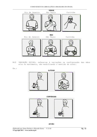 CURSO BÁSICO DA LIBRAS (LÍNGUA BRASILEIRA DE SINAIS)
___________________________________________________________________________________________
VERDE
Rio de Janeiro São Paulo Curitiba
MAS
Rio de Janeiro São Paulo Curitiba
9.1.2 VARIAÇÃO SOCIAL: refere-se à variações na configuração das mãos
e/ou no movimento, não modificando o sentido do sinal.
Ex.:
AJUDAR
CONVERSAR
AVIÃO
__________________________________________________________________________________________
Elaborado por Jonas Pacheco e Ricardo Estruc - V.11.01 Pg. 12
©Copyright 2011 – www.surdo.org.br
 