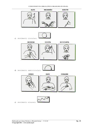 CURSO BÁSICO DA LIBRAS (LÍNGUA BRASILEIRA DE SINAIS)
___________________________________________________________________________________________
ALT@ MACARRÃO AZEITE
c) movimento circular:
BRINCAR IDIOTA BICICLETA
d) movimento semicircular:
SURDO SAPO CORAGEM
e) movimento sinuoso:
__________________________________________________________________________________________
Elaborado por Jonas Pacheco e Ricardo Estruc - V.11.01 Pg. 19
©Copyright 2011 – www.surdo.org.br
 