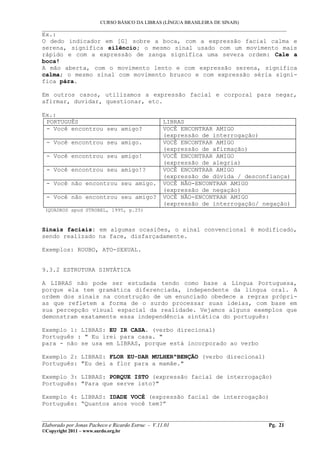 CURSO BÁSICO DA LIBRAS (LÍNGUA BRASILEIRA DE SINAIS)
___________________________________________________________________________________________
Ex.:
O dedo indicador em [G] sobre a boca, com a expressão facial calma e
serena, significa silêncio; o mesmo sinal usado com um movimento mais
rápido e com a expressão de zanga significa uma severa ordem: Cale a
boca!
A mão aberta, com o movimento lento e com expressão serena, significa
calma; o mesmo sinal com movimento brusco e com expressão séria signi-
fica pára.
Em outros casos, utilizamos a expressão facial e corporal para negar,
afirmar, duvidar, questionar, etc.
Ex.:
PORTUGUÊS LIBRAS
- Você encontrou seu amigo? VOCÊ ENCONTRAR AMIGO
(expressão de interrogação)
- Você encontrou seu amigo. VOCÊ ENCONTRAR AMIGO
(expressão de afirmação)
- Você encontrou seu amigo! VOCÊ ENCONTRAR AMIGO
(expressão de alegria)
- Você encontrou seu amigo!? VOCÊ ENCONTRAR AMIGO
(expressão de dúvida / desconfiança)
- Você não encontrou seu amigo. VOCÊ NÃO-ENCONTRAR AMIGO
(expressão de negação)
- Você não encontrou seu amigo? VOCÊ NÃO-ENCONTRAR AMIGO
(expressão de interrogação/ negação)
(QUADROS apud STROBEL, 1995, p.25)
Sinais faciais: em algumas ocasiões, o sinal convencional é modificado,
sendo realizado na face, disfarçadamente.
Exemplos: ROUBO, ATO-SEXUAL.
9.3.2 ESTRUTURA SINTÁTICA
A LIBRAS não pode ser estudada tendo como base a Língua Portuguesa,
porque ela tem gramática diferenciada, independente da língua oral. A
ordem dos sinais na construção de um enunciado obedece a regras própri-
as que refletem a forma de o surdo processar suas ideias, com base em
sua percepção visual espacial da realidade. Vejamos alguns exemplos que
demonstram exatamente essa independência sintática do português:
Exemplo 1: LIBRAS: EU IR CASA. (verbo direcional)
Português : " Eu irei para casa. "
para - não se usa em LIBRAS, porque está incorporado ao verbo
Exemplo 2: LIBRAS: FLOR EU-DAR MULHER^BENÇÃO (verbo direcional)
Português: "Eu dei a flor para a mamãe."
Exemplo 3: LIBRAS: PORQUE ISTO (expressão facial de interrogação)
Português: "Para que serve isto?"
Exemplo 4: LIBRAS: IDADE VOCÊ (expressão facial de interrogação)
Português: “Quantos anos você tem?”
__________________________________________________________________________________________
Elaborado por Jonas Pacheco e Ricardo Estruc - V.11.01 Pg. 21
©Copyright 2011 – www.surdo.org.br
 