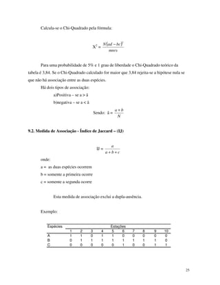 25
Calcula-se o Chi-Quadrado pela fórmula:
X2
=
( )
mnrs
bcadN
2
−
Para uma probabilidade de 5% e 1 grau de liberdade o Chi-Quadrado teórico da
tabela é 3,84. Se o Chi-Quadrado calculado for maior que 3,84 rejeita-se a hipótese nula se
que não há associação entre as duas espécies.
Há dois tipos de associação:
a)Positiva – se a > â
b)negativa – se a < â
Sendo: â =
N
ba +
9.2. Medida de Associação - Índice de Jaccard – (IJ)
IJ =
cba
a
++
onde:
a = as duas espécies ocorrem
b = somente a primeira ocorre
c = somente a segunda ocorre
Esta medida de associação exclui a dupla-ausência.
Exemplo:
Espécies
1 2 3 4 5 6 7 8 9 10
A 1 1 0 1 1 0 0 0 0 0
B 0 1 1 1 1 1 1 1 1 0
C 0 0 0 0 0 1 0 0 1 1
Estações
 