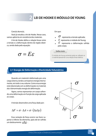 Unisa | Educação a Distância | www.unisa.br
15
Caro(a) aluno(a),
Você já estudou a lei de Hooke. Nesse caso,
vamos aplicá-la em resistência dos materiais.
A lei de Hooke define a relação linear entre
a tensão e a deformação dentro da região elásti-
ca, sendo dada pela equação:
εσ E=
LEI DE HOOKE E MÓDULO DE YOUNG2
Saiba maisSaiba mais
O módulo de Young somente pode ser utilizado se
o material apresentar uma relação linear elástica.
Em que:
ƒƒ
σ representa a tensão aplicada;
ƒƒ E representa o módulo de Young;
ƒƒ ε representa a deformação sofrida
pelo corpo.
2.1 Energia de Deformação e Elasticidade Volumétrica
Quando um material é deformado por uma
carga externa, tende a armazenar energia interna-
mente, em todo o seu volume. Como essa energia
está relacionada com as deformações no material,
ela é denominada energia de deformação.
Agora, vamos representar um corpo sofren-
do uma deformação em função da carga aplicada
ao corpo.
A tensão desenvolve uma força dada por:
( )yxAF ∆∆⋅=∆⋅=∆ σσ
	
Essa variação de força ocorre nas faces su-
perior e inferior do elemento, após ele ter sofrido
um deslocamento z∆ε .
A tensão desenvolve uma força dada por:
 