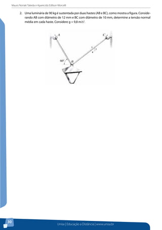 Mauro Noriaki Takeda e Aparecido Edilson Morcelli
Unisa | Educação a Distância | www.unisa.br
30
2.	 Uma luminária de 90 kg é sustentada por duas hastes (AB e BC), como mostra a figura. Conside-
rando AB com diâmetro de 12 mm e BC com diâmetro de 10 mm, determine a tensão normal
média em cada haste. Considere g = 9,8 m/s2
.
 