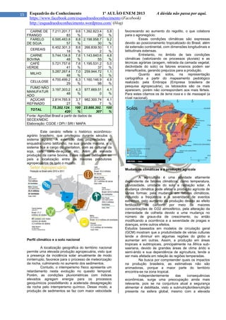 15 Esquadrão do Conhecimento 1º AULÃO ENEM 2013 A dúvida não passa por aqui.
https://www.facebook.com/esquadraodoconhecimento (Facebook)
http://esquadraodoconhecimento.wordpress.com/ (blog)
CARNE DE
FRANGO
7.211.201.7
83
9,6
%
1.392.823.4
29
5,8
%
FARELO
DE SOJA
6.595.483.8
57
8,8
%
2.198.958.7
30
9,2
%
CEREAIS
6.452.301.3
18
8,6
%
266.839.50
2
1,1
%
CARNE
BOVINA
5.744.134.8
48
7,6
%
1.143.840.6
55
4,8
%
CAFÉ
VERDE
5.721.757.6
41
7,6
%
1.195.531.2
37
5,0
%
MILHO
5.287.267.4
48
7,0
%
259.944.72
5
1,1
%
CELULOSE
4.700.499.2
29
6,3
%
1.160.146.9
98
4,9
%
FUMO NÃO
MANUFATUR
ADO
3.197.303.2
48
4,3
%
977.669.51
0
4,1
%
AÇÚCAR
REFINADO
2.814.765.9
27
3,7
%
982.300.74
7
4,1
%
TOTAL
75.202.124.
420
100
%
23.866.392.
307
100
%
Fonte: AgroStat Brasil a partir de dados da
SECEX/MDIC
Elaboração: CGOE / DPI / SRI / MAPA
Este cenário reflete o histórico econômico-
agrário brasileiro, que privilegiou durante séculos o
sistema agrário. A extensão das propriedades se
enquadra como latifúndio, na sua grande maioria, e o
sistema fica a cargo do plantation, com as culturas da
soja, café, cana-de-açúcar etc. Além da elevada
produção da carne bovina. Estes índices deliberam ao
país a localização entre os maiores produtores
agropecuários de todo o mundo.
Perfil climático e o solo nacional
A localização geográfica do território nacional
permite uma elevada produção agropecuária, visto que
a presença da incidência solar anualmente de modo
ininterrupto, favorece para o processo de meteorização
da rocha, culminando no aumento dos sedimentos.
Contudo, o intemperismo físico apresenta um
retardamento nesta evolução no quesito temporal.
Porém, as condições pluviométricas com índices
elevados agregam energia para os processos
geoquímicos possibilitando a acelerada desagregação
da rocha pelo intemperismo químico. Desse modo, a
produção de sedimentos se faz com maior velocidade
favorecendo ao aumento do regolito, o que colabora
para o agronegócio.
Essas condições climáticas são expressas
devido ao posicionamento tropicalizado do Brasil, além
da extensão continental, com dimensões longitudinais e
latitudinais extensas.
Entretanto, no âmbito de tais condições
climáticas (valorizando os processos pluviais) e as
técnicas agrárias (aragem, retirada da camada vegetal,
declividade do solo) os fatores erosivos podem ser
intensificados, gerando prejuízos para a produção.
Quanto aos solos, na representação
cartográfica a partir do mapeamento pedológico
realizado pela Embrapa (Empresa brasileira de
pesquisa agropecuária), os latossolos são os mais
aparecem, porém não correspondem aos mais férteis.
Para estes citamos os de terra roxa e o de massapé (a
nível nacional).
Mudanças climáticas e a produção agrícola
A agricultura é uma atividade altamente
dependente de fatores climáticos, como temperatura,
pluviosidade, umidade do solo e radiação solar. A
mudança climática pode afetar a produção agrícola de
várias formas: pela mudança em fatores climáticos,
incluindo a freqüência e a severidade de eventos
extremos, pelo aumento da produção devido ao efeito
fertilizador de carbono por meio de maiores
concentrações de CO2 atmosférico, pela alteração da
intensidade de colheita devido a uma mudança no
número de graus-dia de crescimento, ou então
modificando a ocorrência e a severidade de pragas e
doenças, entre outros efeitos.
Estudos baseados em modelos de circulação geral
(GCM) mostram que a produtividade de várias culturas
tende a diminuir em algumas regiões do globo e
aumentar em outras. Assim, a produção em áreas
tropicais e subtropicais, principalmente na África sub-
saariana, devido às grandes áreas de clima árido e
semi-árido e sua dependência de agricultura, tende a
ser mais afetada em relação às regiões temperadas.
Na busca por compreender quais os impactos
na produção brasileira, as estimativas não são
animadoras, porque a maior parte do território
encontra-se na zona tropical.
Independentemente das consequências
econômicas, surge uma preocupação ainda mais
relevante, pois se na conjuntura atual a segurança
alimentar é debilitada, visto a subnutrição/desnutrição
presente na esfera global, mesmo com a elevada
 