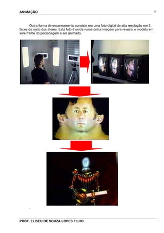 ANIMAÇÃO
PROF. ELISEU DE SOUZA LOPES FILHO
17
Outra forma de escaneamento consiste em uma foto digital de alta resolução em 3
faces do rosto dos atores. Esta foto é unida numa única imagem para revestir o modelo em
wire frame do personagem a ser animado.
.
 