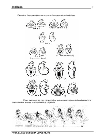 ANIMAÇÃO
PROF. ELISEU DE SOUZA LOPES FILHO
35
Exemplos de expressões que acompanham o movimento de boca.
Estes exemplos servem para mostrar que os personagens animados sempre
falam também através dos movimentos corporais.
 