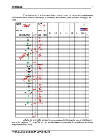 ANIMAÇÃO
PROF. ELISEU DE SOUZA LOPES FILHO
37
Eventualmente os animadores desenham as bocas na coluna informações para
facilitar o trabalho, ou atribuem letras ou números a cada boca para facilitar a anotação na
ficha.
A ficha de animação será uma presença constante durante todo o trabalho de
animação, seja ela 2D como 3D, e todas as anotações com respeito à cena devem ser feitas
imediatamente na ficha.
 