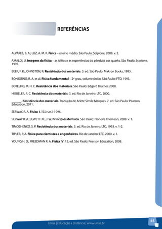 REFERÊNCIAS

ALVARES, B. A.; LUZ, A. M. R. Física – ensino médio. São Paulo: Scipione, 2008. v. 2.
AMALDI, U. Imagens da física – as idéias e as experiências do pêndulo aos quarks. São Paulo: Scipione,
1995.
BEER, F. P.; JOHNSTON, R. Resistência dos materiais. 3. ed. São Paulo: Makron Books, 1995.
BONJORNO, R. A. et al. Física fundamental – 2º grau, volume único. São Paulo: FTD, 1993.
BOTELHO, M. H. C. Resistência dos materiais. São Paulo: Edgard Blucher, 2008.
HIBBELER, R. C. Resistência dos materiais. 3. ed. Rio de Janeiro: LTC, 2000.
______. Resistência dos materiais. Tradução de Arlete Símile Marques. 7. ed. São Paulo: Pearson
Education, 2011.
SERWAY, R. A. Física 1. [S.l.: s.n.], 1996.
SERWAY R. A.; JEWETT JR., J. W. Princípios de física. São Paulo: Pioneira Thomson, 2008. v. 1.
TIMOSHENKO, S. P. Resistência dos materiais. 3. ed. Rio de Janeiro: LTC, 1993. v. 1-2.
TIPLER, P. A. Física para cientistas e engenheiros. Rio de Janeiro: LTC, 2000. v. 1.
YOUNG H. D.; FREEDMAN R. A. Física IV. 12. ed. São Paulo: Pearson Education, 2008.

Unisa | Educação a Distância | www.unisa.br

45

 