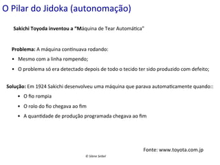 O	
  Pilar	
  do	
  Jidoka	
  (autonomação)	
  
Sakichi	
  Toyoda	
  inventou	
  a	
  “Máquina	
  de	
  Tear	
  Automá(ca”	
  

Problema:	
  A	
  máquina	
  con(nuava	
  rodando:	
  	
  
•  Mesmo	
  com	
  a	
  linha	
  rompendo;	
  
•  O	
  problema	
  só	
  era	
  detectado	
  depois	
  de	
  todo	
  o	
  tecido	
  ter	
  sido	
  produzido	
  com	
  defeito;	
  
Solução:	
  Em	
  1924	
  Sakichi	
  desenvolveu	
  uma	
  máquina	
  que	
  parava	
  automa(camente	
  quando::	
  
•  O	
  ﬁo	
  rompia	
  
•  O	
  rolo	
  do	
  ﬁo	
  chegava	
  ao	
  ﬁm	
  
•  A	
  quan(dade	
  de	
  produção	
  programada	
  chegava	
  ao	
  ﬁm	
  

Fonte:	
  www.toyota.com.jp	
  
©	
  Silene	
  Seibel	
  

 