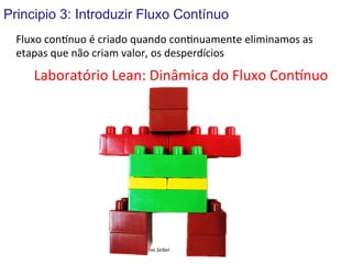 Principio 3: Introduzir Fluxo Contínuo
Fluxo	
  conunuo	
  é	
  criado	
  quando	
  con(nuamente	
  eliminamos	
  as	
  
etapas	
  que	
  não	
  criam	
  valor,	
  os	
  desperdícios	
  

Laboratório	
  Lean:	
  Dinâmica	
  do	
  Fluxo	
  Conunuo	
  

©	
  Silene	
  Seibel	
  

 