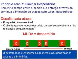 Principio	
  Lean	
  2:	
  Eliminar	
  Desperdícios	
  
Reduzir o tempo entre o pedido e a entrega através da
contínua eliminação de etapas sem valor: desperdícios

Desafie cada etapa:
–  Porque isto é necessário?
–  O cliente quando recebo o produto ou serviço perceberia a não
realização de quais etapas?

MUDA = desperdício
	
  
	
  
	
  

D

	
  
	
  
	
  

	
  
	
  

D 	
  

D

	
  
	
  
	
  

D

	
  
	
  
	
  

D

	
  
	
  
	
  

Entrega

Materia Prima

O	
  desaﬁo	
  lean	
  é	
  enxergar	
  os	
  desperdícios,	
  iden(ﬁcar	
  as	
  
9
causas	
  e	
  eliminá-­‐las.	
  
©	
  Silene	
  Seibel	
  

 