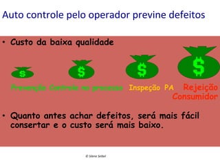 Auto	
  controle	
  pelo	
  operador	
  previne	
  defeitos	
  
•  Custo da baixa qualidade

	
  

Rejeição
Consumidor

Prevenção Controle no processo Inspeção	
   PA

•  Quanto antes achar defeitos, será mais fácil
consertar e o custo será mais baixo.

©	
  Silene	
  Seibel	
  

 