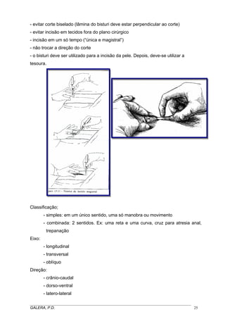 - evitar corte biselado (lâmina do bisturi deve estar perpendicular ao corte)
- evitar incisão em tecidos fora do plano cirúrgico
- incisão em um só tempo (“única e magistral”)
- não trocar a direção do corte
- o bisturi deve ser utilizado para a incisão da pele. Depois, deve-se utilizar a
tesoura.

Classificação;
- simples: em um único sentido, uma só manobra ou movimento
- combinada: 2 sentidos. Ex: uma reta e uma curva, cruz para atresia anal,
trepanação
Eixo:
- longitudinal
- transversal
- oblíquo
Direção:
- crânio-caudal
- dorso-ventral
- latero-lateral
_____________________________________________________________________________________
GALERA, P.D.
25

 