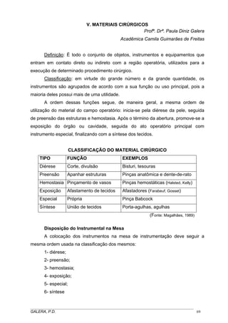 V. MATERIAIS CIRÚRGICOS
Profª. Drª. Paula Diniz Galera
Acadêmica Camila Guimarães de Freitas
Definição: É todo o conjunto de objetos, instrumentos e equipamentos que
entram em contato direto ou indireto com a região operatória, utilizados para a
execução de determinado procedimento cirúrgico.
Classificação: em virtude do grande número e da grande quantidade, os
instrumentos são agrupados de acordo com a sua função ou uso principal, pois a
maioria deles possui mais de uma utilidade.
A ordem dessas funções segue, de maneira geral, a mesma ordem de
utilização do material do campo operatório: inicia-se pela diérese da pele, seguida
de preensão das estruturas e hemostasia. Após o término da abertura, promove-se a
exposição do órgão ou cavidade, seguida do ato operatório principal com
instrumento especial, finalizando com a síntese dos tecidos.

CLASSIFICAÇÃO DO MATERIAL CIRÚRGICO
TIPO

FUNÇÃO

EXEMPLOS

Diérese

Corte, divulsão

Bisturi, tesouras

Preensão

Apanhar estruturas

Pinças anatômica e dente-de-rato

Hemostasia Pinçamento de vasos

Pinças hemostáticas (Halsted, Kelly)

Exposição

Afastamento de tecidos

Afastadores (Farabeuf, Gosset)

Especial

Própria

Pinça Babcock

Síntese

União de tecidos

Porta-agulhas, agulhas
(Fonte: Magalhães, 1989)

Disposição do Instrumental na Mesa
A colocação dos instrumentos na mesa de instrumentação deve seguir a
mesma ordem usada na classificação dos mesmos:
1- diérese;
2- preensão;
3- hemostasia;
4- exposição;
5- especial;
6- síntese

_____________________________________________________________________________________
GALERA, P.D.
69

 