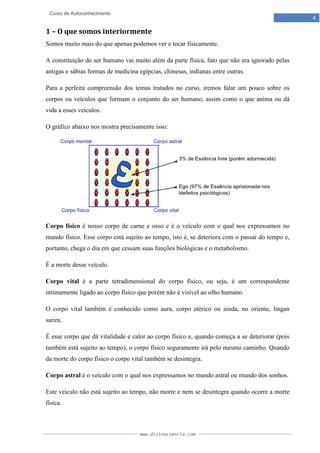 www.divinaciencia.com
4
Curso de Autoconhecimento
1 – O que somos interiormente
Somos muito mais do que apenas podemos ver e tocar fisicamente.
A constituição do ser humano vai muito além da parte física, fato que não era ignorado pelas
antigas e sábias formas de medicina egípcias, chinesas, indianas entre outras.
Para a perfeita compreensão dos temas tratados no curso, iremos falar um pouco sobre os
corpos ou veículos que formam o conjunto do ser humano, assim como o que anima ou dá
vida a esses veículos.
O gráfico abaixo nos mostra precisamente isso:
Corpo físico é nosso corpo de carne e osso e é o veículo com o qual nos expressamos no
mundo físico. Esse corpo está sujeito ao tempo, isto é, se deteriora com o passar do tempo e,
portanto, chega o dia em que cessam suas funções biológicas e o metabolismo.
É a morte desse veículo.
Corpo vital é a parte tetradimensional do corpo físico, ou seja, é um correspondente
intimamente ligado ao corpo físico que porém não é visível ao olho humano.
O corpo vital também é conhecido como aura, corpo etérico ou ainda, no oriente, lingan
sarira.
É esse corpo que dá vitalidade e calor ao corpo físico e, quando começa a se deteriorar (pois
também está sujeito ao tempo), o corpo físico seguramente irá pelo mesmo caminho. Quando
da morte do corpo físico o corpo vital também se desintegra.
Corpo astral é o veículo com o qual nos expressamos no mundo astral ou mundo dos sonhos.
Este veículo não está sujeito ao tempo, não morre e nem se desintegra quando ocorre a morte
física.
 