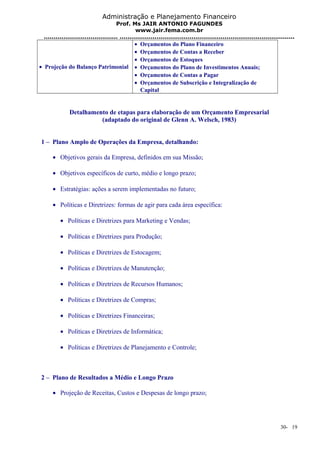 Administração e Planejamento Financeiro 
Prof. Ms JAIR ANTONIO FAGUNDES 
www.jair.fema.com.br 
...................................... .......................................................................................... 
· Projeção do Balanço Patrimonial 
· Orçamentos do Plano Financeiro 
· Orçamentos de Contas a Receber 
· Orçamentos de Estoques 
· Orçamentos do Plano de Investimentos Anuais; 
· Orçamentos de Contas a Pagar 
· Orçamentos de Subscrição e Integralização de 
Capital 
Detalhamento de etapas para elaboração de um Orçamento Empresarial 
(adaptado do original de Glenn A. Welsch, 1983) 
1 – Plano Amplo de Operações da Empresa, detalhando: 
· Objetivos gerais da Empresa, definidos em sua Missão; 
· Objetivos específicos de curto, médio e longo prazo; 
· Estratégias: ações a serem implementadas no futuro; 
· Políticas e Diretrizes: formas de agir para cada área específica: 
· Políticas e Diretrizes para Marketing e Vendas; 
· Políticas e Diretrizes para Produção; 
· Políticas e Diretrizes de Estocagem; 
· Políticas e Diretrizes de Manutenção; 
· Políticas e Diretrizes de Recursos Humanos; 
· Políticas e Diretrizes de Compras; 
· Políticas e Diretrizes Financeiras; 
· Políticas e Diretrizes de Informática; 
· Políticas e Diretrizes de Planejamento e Controle; 
2 – Plano de Resultados a Médio e Longo Prazo 
· Projeção de Receitas, Custos e Despesas de longo prazo; 
30- 19 
 