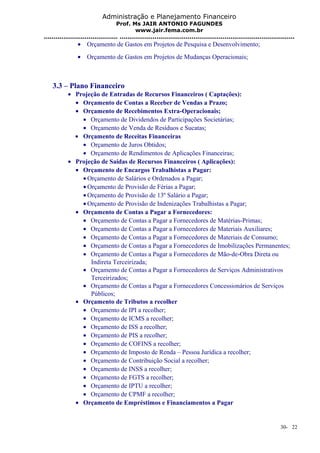 Administração e Planejamento Financeiro 
Prof. Ms JAIR ANTONIO FAGUNDES 
www.jair.fema.com.br 
...................................... .......................................................................................... 
· Orçamento de Gastos em Projetos de Pesquisa e Desenvolvimento; 
· Orçamento de Gastos em Projetos de Mudanças Operacionais; 
3.3 – Plano Financeiro 
· Projeção de Entradas de Recursos Financeiros ( Captações): 
· Orçamento de Contas a Receber de Vendas a Prazo; 
· Orçamento de Recebimentos Extra-Operacionais; 
· Orçamento de Dividendos de Participações Societárias; 
· Orçamento de Venda de Resíduos e Sucatas; 
· Orçamento de Receitas Financeiras 
· Orçamento de Juros Obtidos; 
· Orçamento de Rendimentos de Aplicações Financeiras; 
· Projeção de Saídas de Recursos Financeiros ( Aplicações): 
· Orçamento de Encargos Trabalhistas a Pagar: 
·Orçamento de Salários e Ordenados a Pagar; 
·Orçamento de Provisão de Férias a Pagar; 
·Orçamento de Provisão de 13º Salário a Pagar; 
·Orçamento de Provisão de Indenizações Trabalhistas a Pagar; 
· Orçamento de Contas a Pagar a Fornecedores: 
· Orçamento de Contas a Pagar a Fornecedores de Matérias-Primas; 
· Orçamento de Contas a Pagar a Fornecedores de Materiais Auxiliares; 
· Orçamento de Contas a Pagar a Fornecedores de Materiais de Consumo; 
· Orçamento de Contas a Pagar a Fornecedores de Imobilizações Permanentes; 
· Orçamento de Contas a Pagar a Fornecedores de Mão-de-Obra Direta ou 
Indireta Terceirizada; 
· Orçamento de Contas a Pagar a Fornecedores de Serviços Administrativos 
Terceirizados; 
· Orçamento de Contas a Pagar a Fornecedores Concessionários de Serviços 
Públicos; 
· Orçamento de Tributos a recolher 
· Orçamento de IPI a recolher; 
· Orçamento de ICMS a recolher; 
· Orçamento de ISS a recolher; 
· Orçamento de PIS a recolher; 
· Orçamento de COFINS a recolher; 
· Orçamento de Imposto de Renda – Pessoa Jurídica a recolher; 
· Orçamento de Contribuição Social a recolher; 
· Orçamento de INSS a recolher; 
· Orçamento de FGTS a recolher; 
· Orçamento de IPTU a recolher; 
· Orçamento de CPMF a recolher; 
· Orçamento de Empréstimos e Financiamentos a Pagar 
30- 22 
 