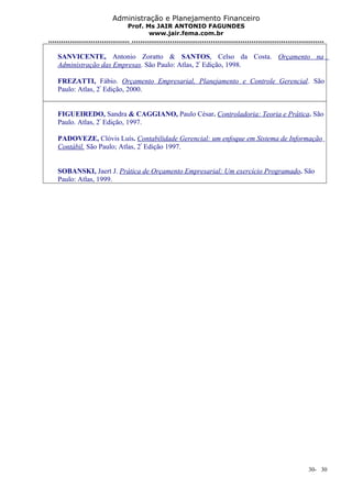 Administração e Planejamento Financeiro 
Prof. Ms JAIR ANTONIO FAGUNDES 
www.jair.fema.com.br 
...................................... .......................................................................................... 
SANVICENTE, Antonio Zoratto & SANTOS, Celso da Costa. Orçamento na 
Administração das Empresas. São Paulo: Atlas, 2ª Edição, 1998. 
FREZATTI, Fábio. Orçamento Empresarial, Planejamento e Controle Gerencial. São 
Paulo: Atlas, 2ª Edição, 2000. 
FIGUEIREDO, Sandra & CAGGIANO, Paulo César. Controladoria: Teoria e Prática. São 
Paulo. Atlas, 2ª Edição, 1997. 
PADOVEZE, Clóvis Luís. Contabilidade Gerencial: um enfoque em Sistema de Informação 
Contábil. São Paulo; Atlas, 2ª Edição 1997. 
SOBANSKI, Jaert J. Prática de Orçamento Empresarial: Um exercício Programado. São 
Paulo: Atlas, 1999. 
30- 30 
