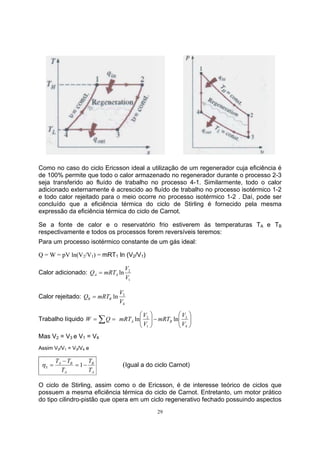 Como no caso do ciclo Ericsson ideal a utilização de um regenerador cuja eficiência é 
de 100% permite que todo o calor armazenado no regenerador durante o processo 2-3 
seja transferido ao fluído de trabalho no processo 4-1. Similarmente, todo o calor 
adicionado externamente é acrescido ao fluído de trabalho no processo isotérmico 1-2 
e todo calor rejeitado para o meio ocorre no processo isotérmico 1-2 . Daí, pode ser 
concluído que a eficiência térmica do ciclo de Stirling é fornecido pela mesma 
expressão da eficiência térmica do ciclo de Carnot. 
Se a fonte de calor e o reservatório frio estiverem às temperaturas TA e TB 
respectivamente e todos os processos forem reversíveis teremos: 
Para um processo isotérmico constante de um gás ideal: 
Q = W = pV ln(V2/V1) = mRT1 ln (V2/V1) 
mRT V A B 
mRT V 
ln 2 ln 
η = 1 (Igual a do ciclo Carnot) 
29 
Calor adicionado: 
Q mRT V A A = 
ln 2 
V 
1 
Calor rejeitado: 
Q mRT V R B = 
ln 3 
V 
4 
 
 
 
Trabalho líquido Σ = = Q W   
  
−   
   
3 
4 
1 
V 
V 
Mas V2 = V3 e V1 = V4 
Assim V2/V1 = V3/V4 e 
B 
T − 
T = − 
S T 
A 
A B 
A 
T 
T 
O ciclo de Stirling, assim como o de Ericsson, é de interesse teórico de ciclos que 
possuem a mesma eficiência térmica do ciclo de Carnot. Entretanto, um motor prático 
do tipo cilindro-pistão que opera em um ciclo regenerativo fechado possuindo aspectos 
 