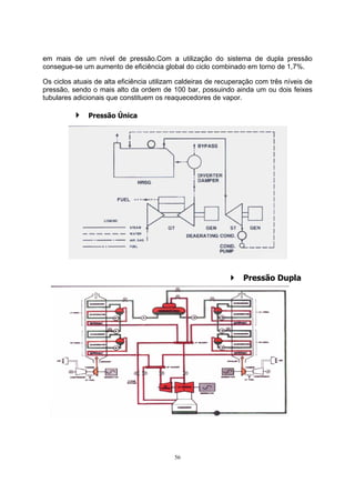 em mais de um nível de pressão.Com a utilização do sistema de dupla pressão 
consegue-se um aumento de eficiência global do ciclo combinado em torno de 1,7%. 
Os ciclos atuais de alta eficiência utilizam caldeiras de recuperação com três níveis de 
pressão, sendo o mais alto da ordem de 100 bar, possuindo ainda um ou dois feixes 
tubulares adicionais que constituem os reaquecedores de vapor. 
56 
 Pressão Dupla 
 Pressão Única 
 